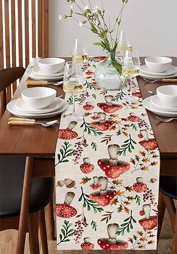Miniatura 2 de Camino de mesa de lino de algodón, 36 pulgadas de largo, camino de mesa de comedor con hongos, bufandas de tocador, verduras de granja, arpillera