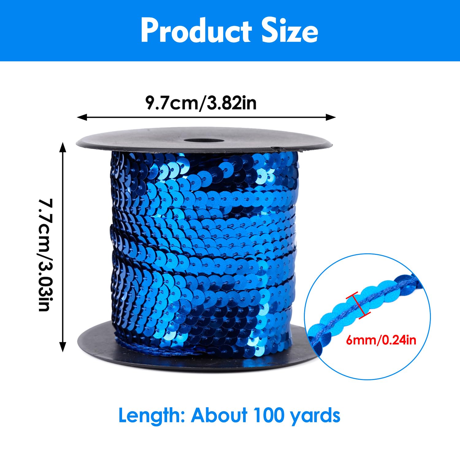 100 Yard Flacher Pailletten Rolle, 6mm Bunte Paillette Trim Flache Glitzerborte für DIY Handwerk, DIY Paillettenschnur Bandrolle für Bastelarbeiten, Verzierungen, Kostümzubehör(Blau)