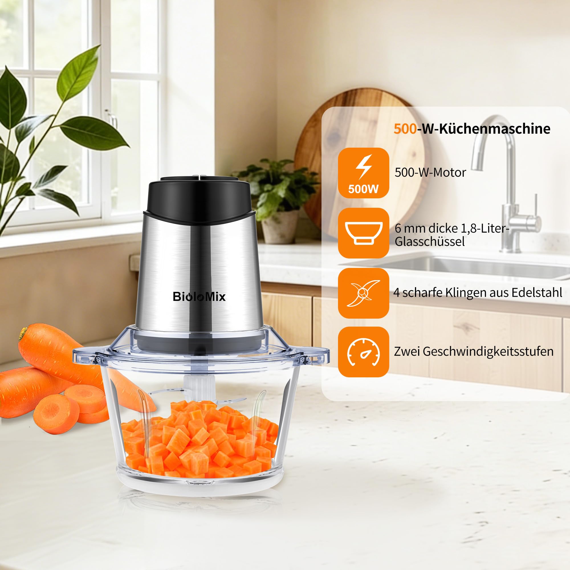 Biolomix Trituradora multi de 500 W, potente motor, recipiente de cristal de 2 litros, cuchillo especial de 4 hojas de acero inoxidable (P6001)