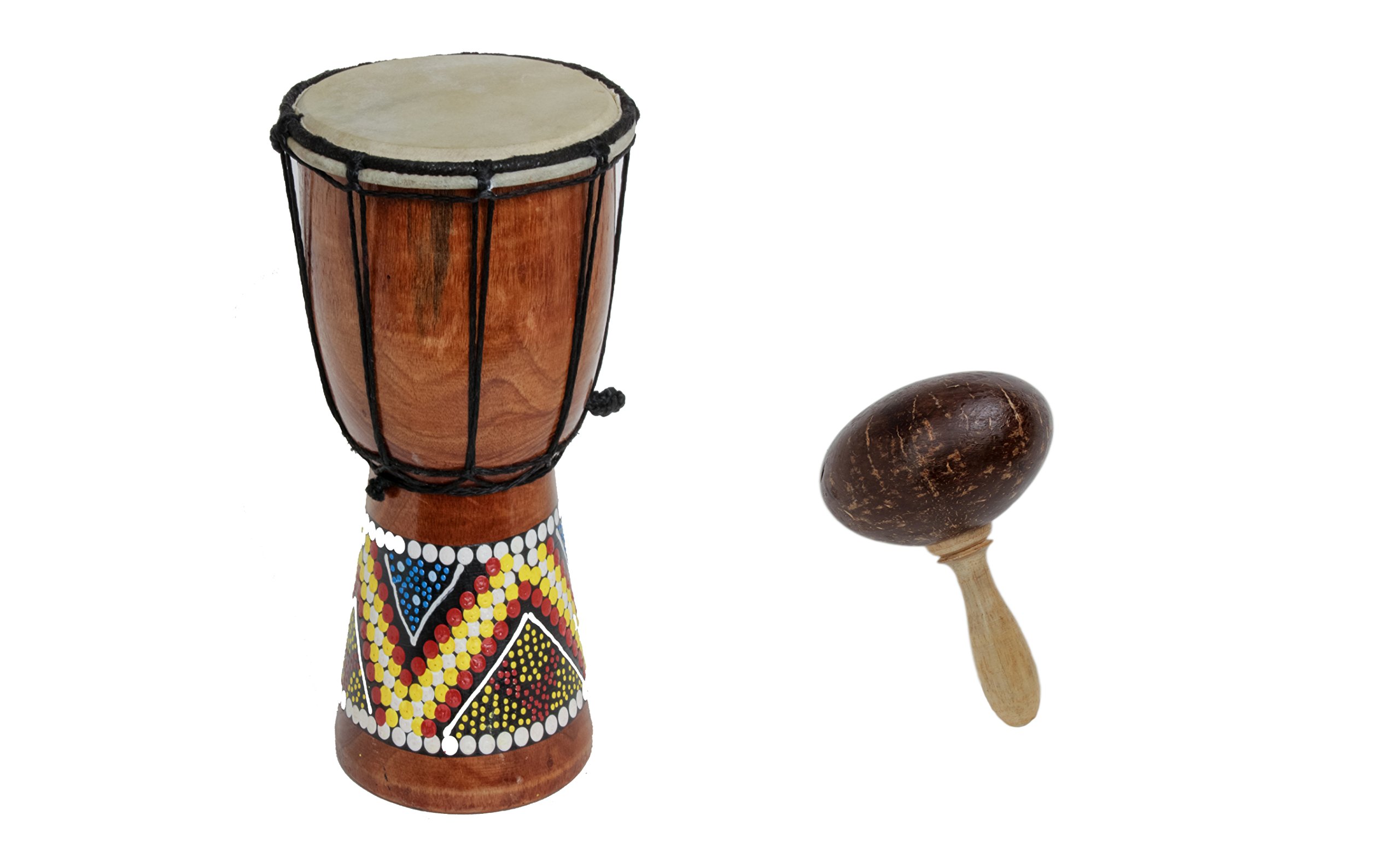 60cm Anfänger Djembe Trommel Bongo Drum Holz Bunt Bemalt + Kokos Rassel Maraca R2