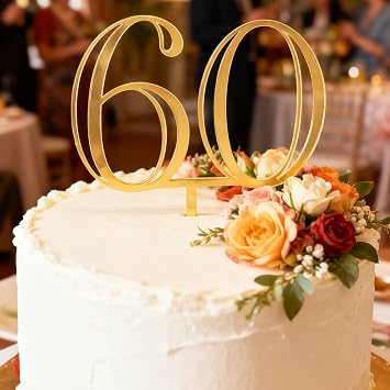 Gold Acrylic Number 60 Cake Topper, Happy 60th Birthday Cake Decoration, Sixty Years Old Cake Pick Decoration For 60th Anniversary Celebrating Party Supplies, 6.4 inches 60