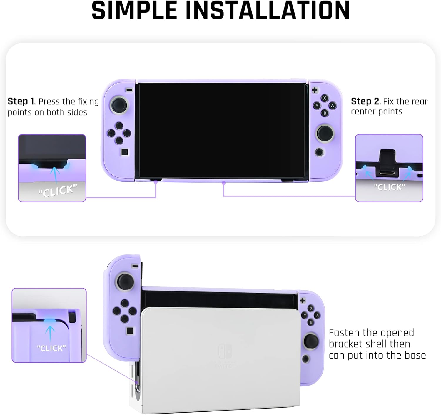FUNDIARY Dockable Purple Case for Nintendo Switch OLED Model 2021 Skin, Accessories Cover for Switch OLED Console Grips with Screen Protector and 4 Thumb Grip Caps - Full Protection by Flip Shell - Image 3