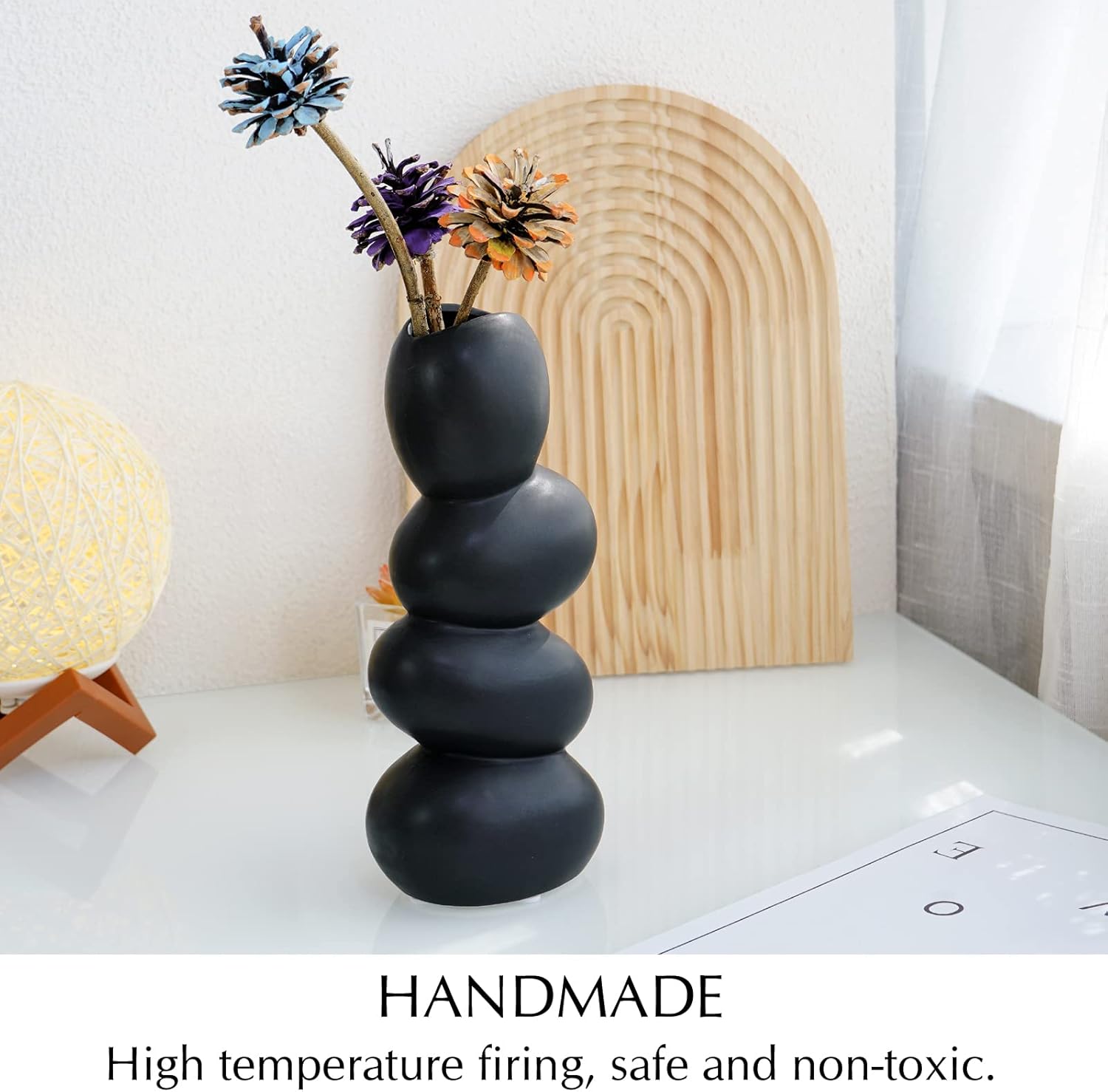 Notakia Ceramic Flower Vase for Home Decor - Handcrafted Cobblestone Shape Vase Centerpiece for Wedding, Decor，Home Decor Living Room, Home, Office, Centerpiece,Table (Black Vase) - Image 3