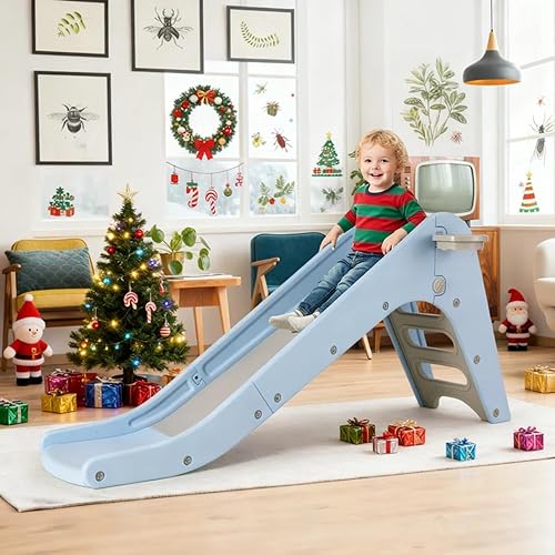 MAMIZO Juego de tobogán 3 en 1 para niños pequeños a partir de 3 años, parque infantil interior y exterior con aro de baloncesto y pelota, juego