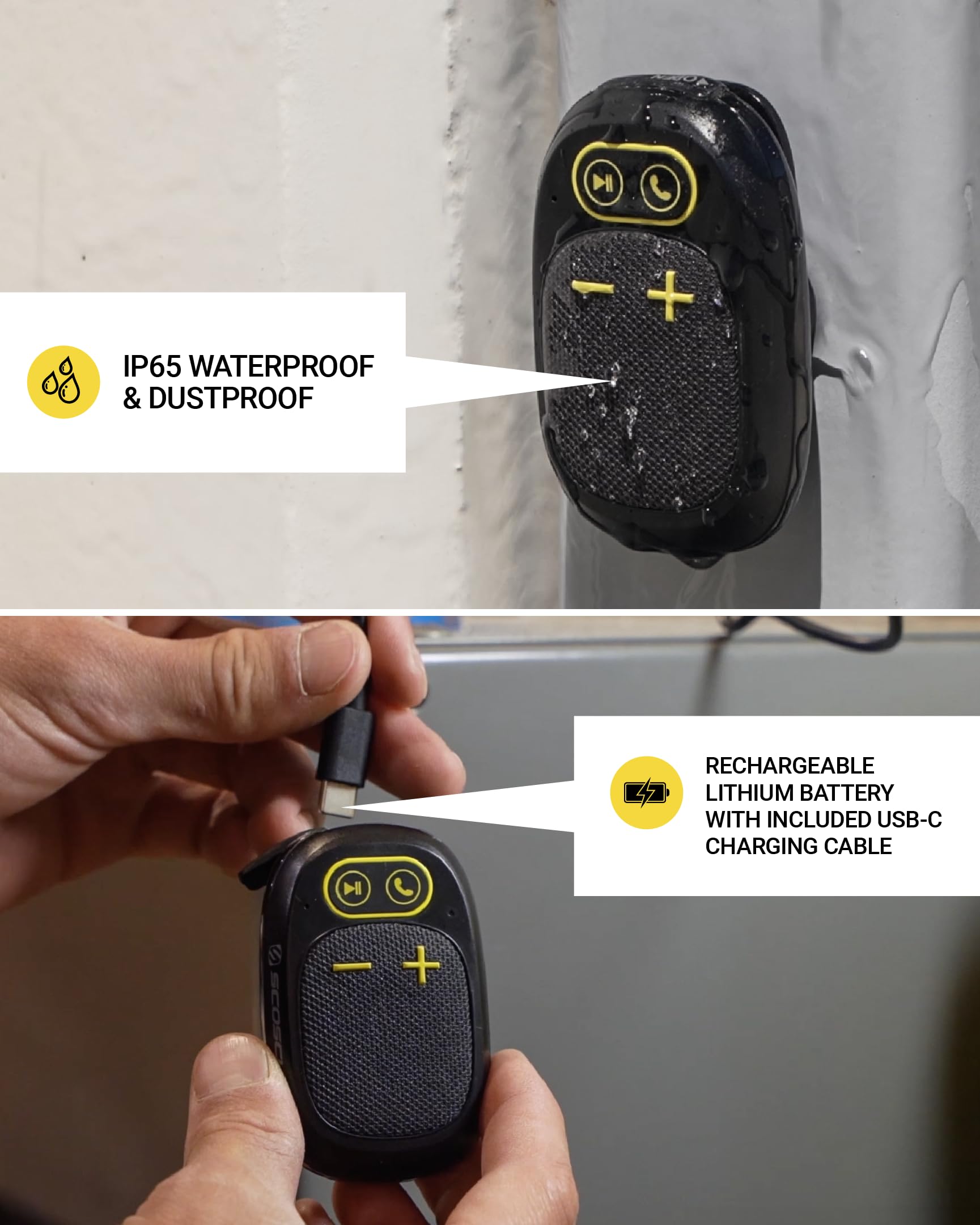 Scosche Magnetic Clip-On Wearable Bluetooth Speaker with Built-in Mic for Hands-Free Calls, IP65 Waterproof & Dustproof Jobsite Speaker for Work and Outdoors, Compact and Lightweight Portable Design view 5