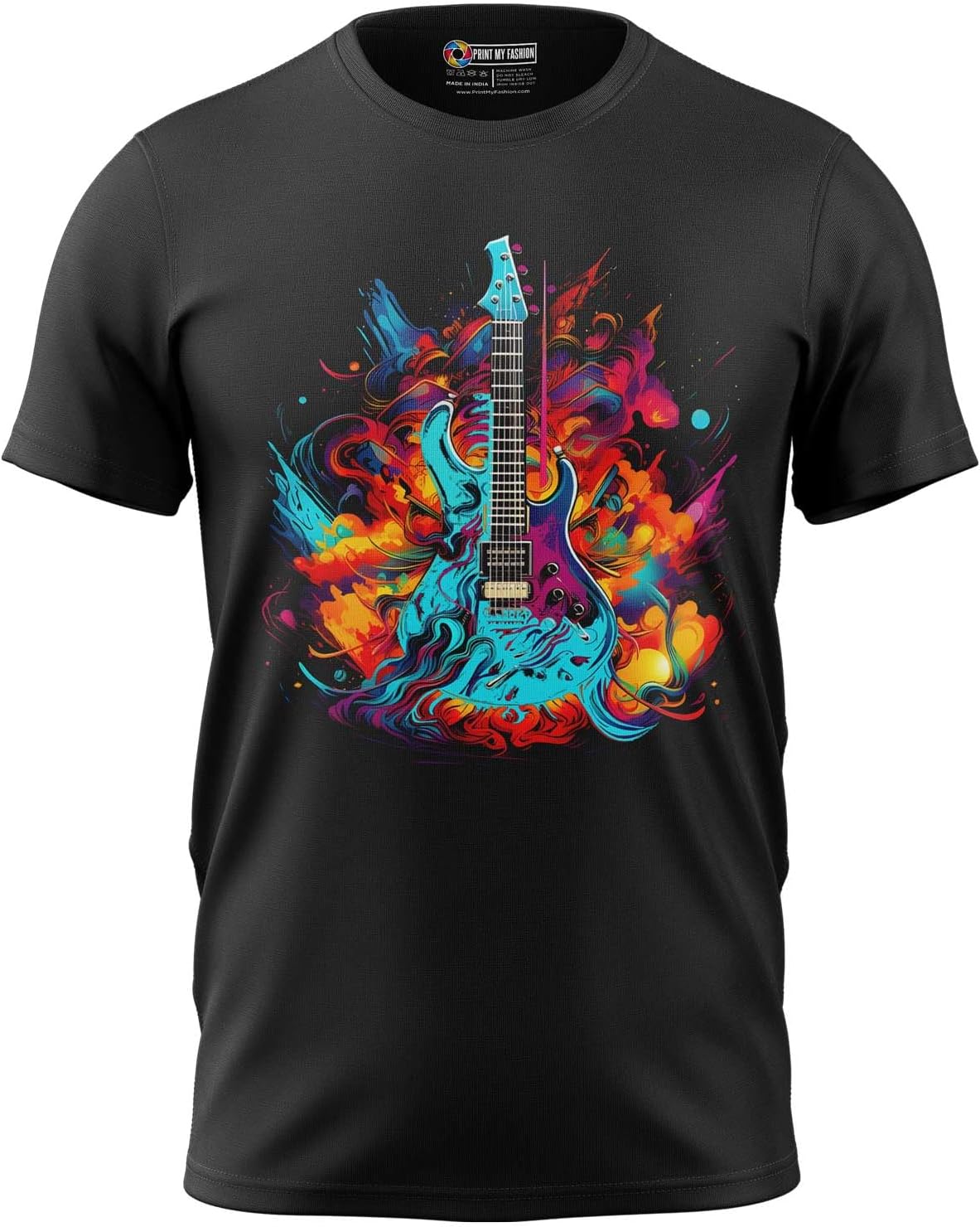 Print My FashionMen's T-Shirt Regular Fit Round Neck Half Sleeve Combed Bio-Washed Cotton Colorful Guitar Graphic Printed T-Shirts
