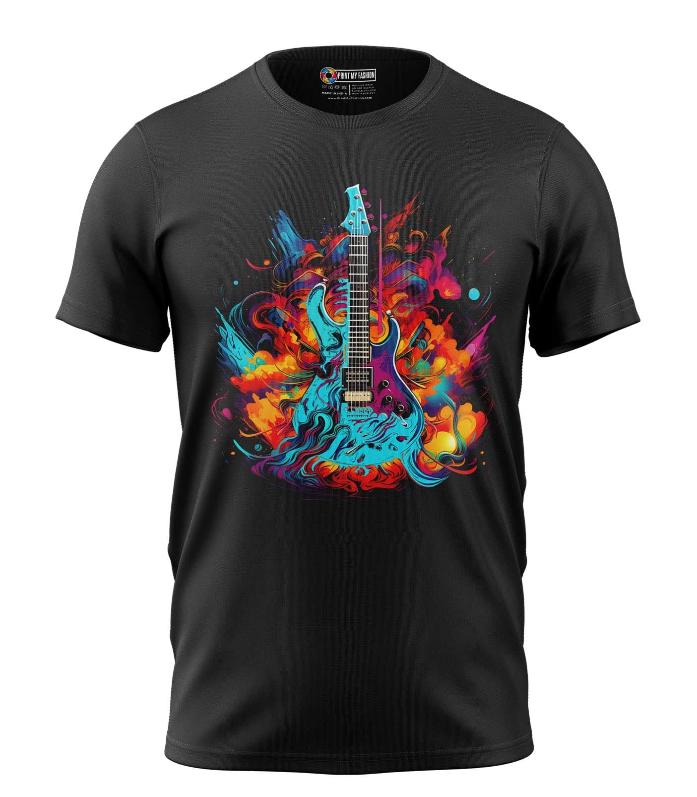 Print My FashionMen's T-Shirt Regular Fit Round Neck Half Sleeve Combed Bio-Washed Cotton Colorful Guitar Graphic Printed T-Shirts