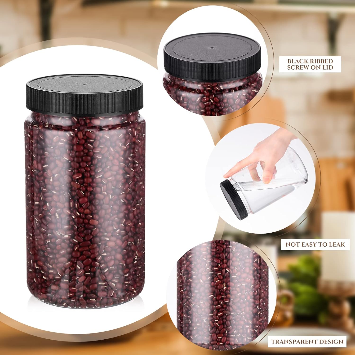 Eaasty 15 Pack 32 oz Plastic Jars with Lids Clear Mason Jars Large Storage Container Wide Mouth Empty Bulk for Home Food Candy Organizing Kitchen(Black)