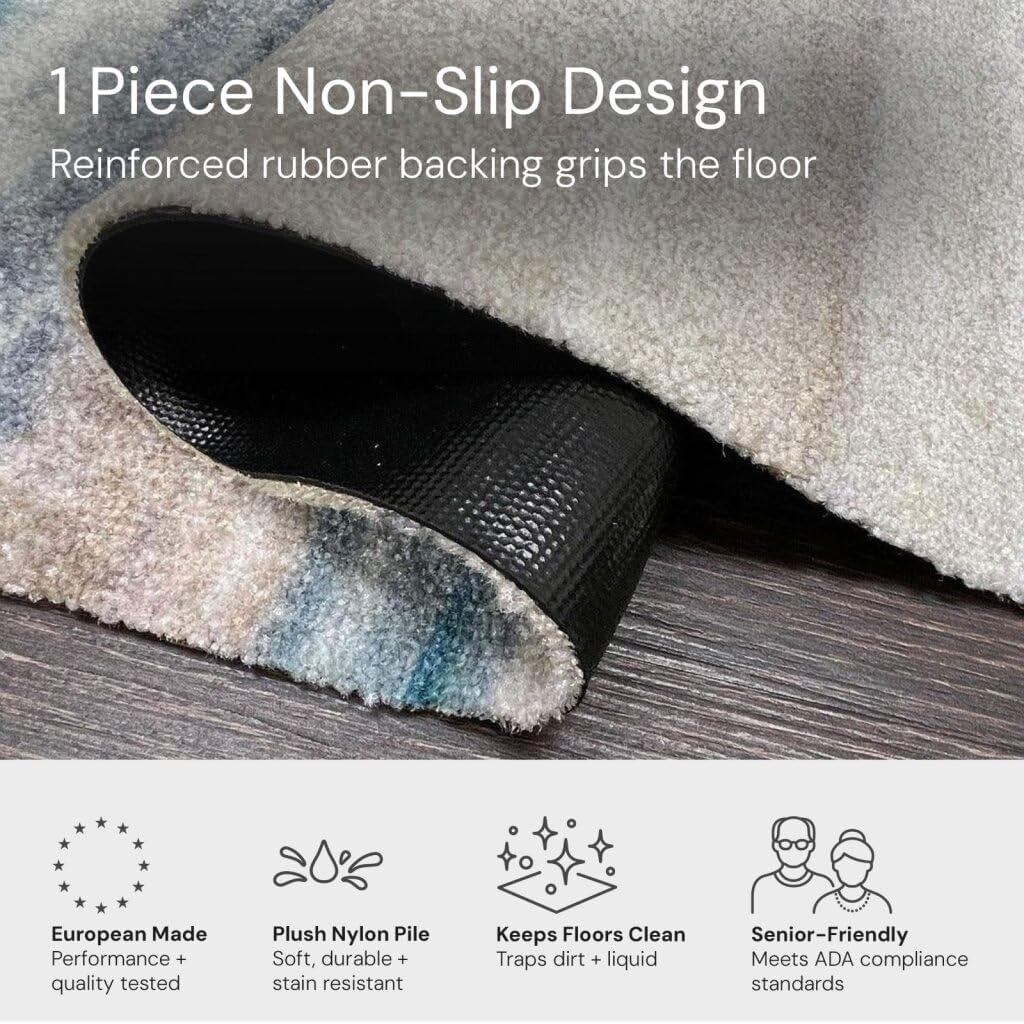 Wash + Dry Seaside One-Piece Washable Rug, 2 x 3 ft, Coastal Indoor Floor Mat with Rubber Backing, Large Doormat for Entryway, Kitchen, Bathroom, Pet-Friendly, Blue and Tan Ombre