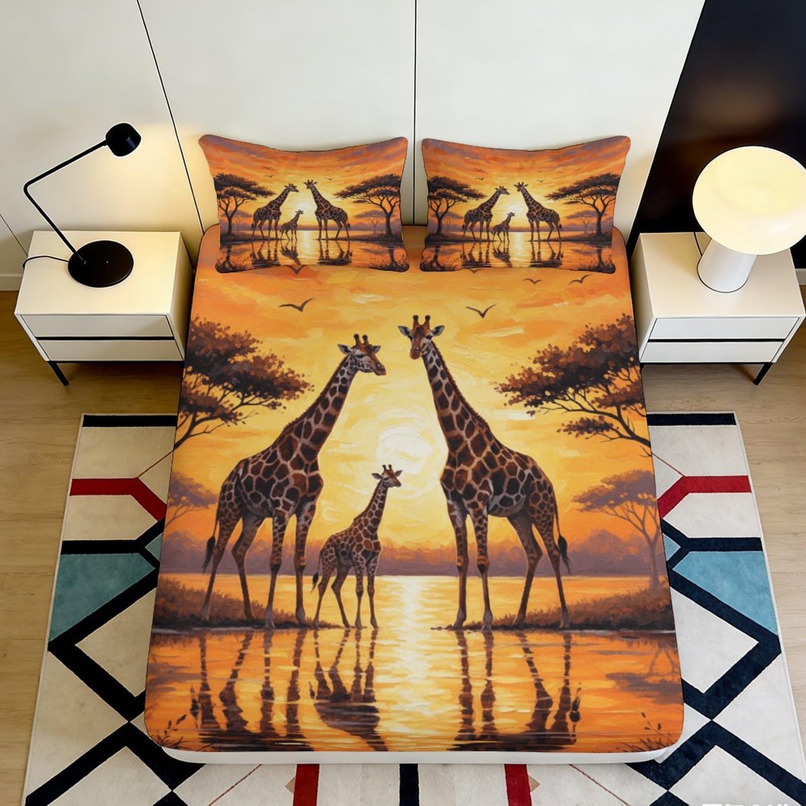 3D Printed African Sunset Giraffe Fitted Sheet Microfiber Soft Orange Bed Cover for Bedroom Guest Room Decor 90x200x25cm