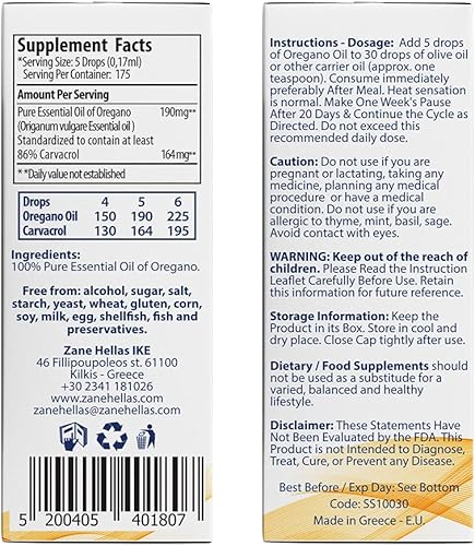 Miniatura 3 de Zane Hellas 190 mg de aceite de orégano-164 mg de carvacrol por porción-4 gotas diarias. Aceite de orégano 100% griego sin diluir. 86% -90%