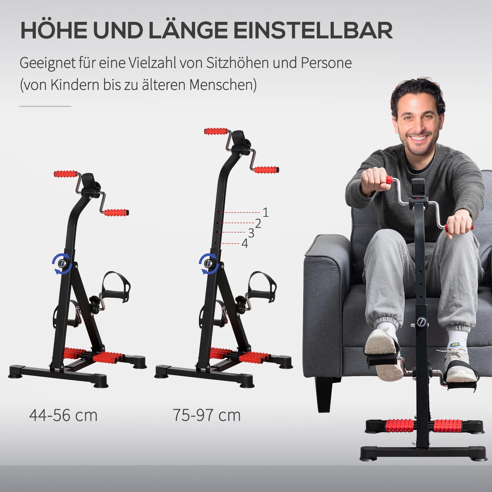 HOMCOM Pedaltrainer für Senioren Höhen- und Längenverstellbar Mini Heimtrainer mit Griff LCD Display Befestigungsband Anti-Rutsch-Matte Arm- und Beintrainer Bewegungstrainer Mini Bike für Zuhause Büro
