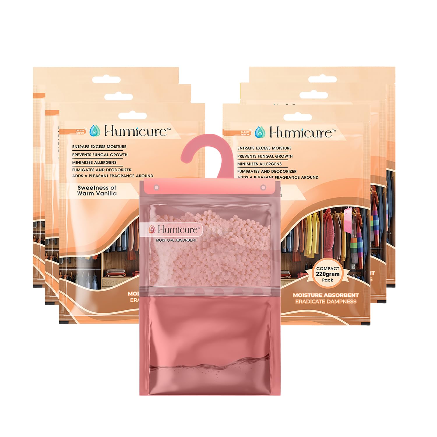 Humicure Moisture Absorber Dehumidifier | 500ml Absorption Capacity | Prevents Mold, Dampness & Odor in Wardrobe, Bathroom, Kitchen & Bedroom | 220g x 06 (Warm Vanilla)