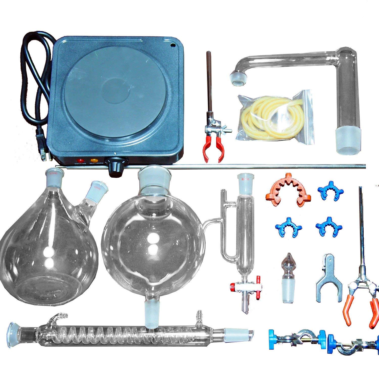 Cristalería de laboratorio Aparato de destilación de vapor Aceite esencial Purificador de agua Destilador 2000 ml W/estufa caliente Graham condensador