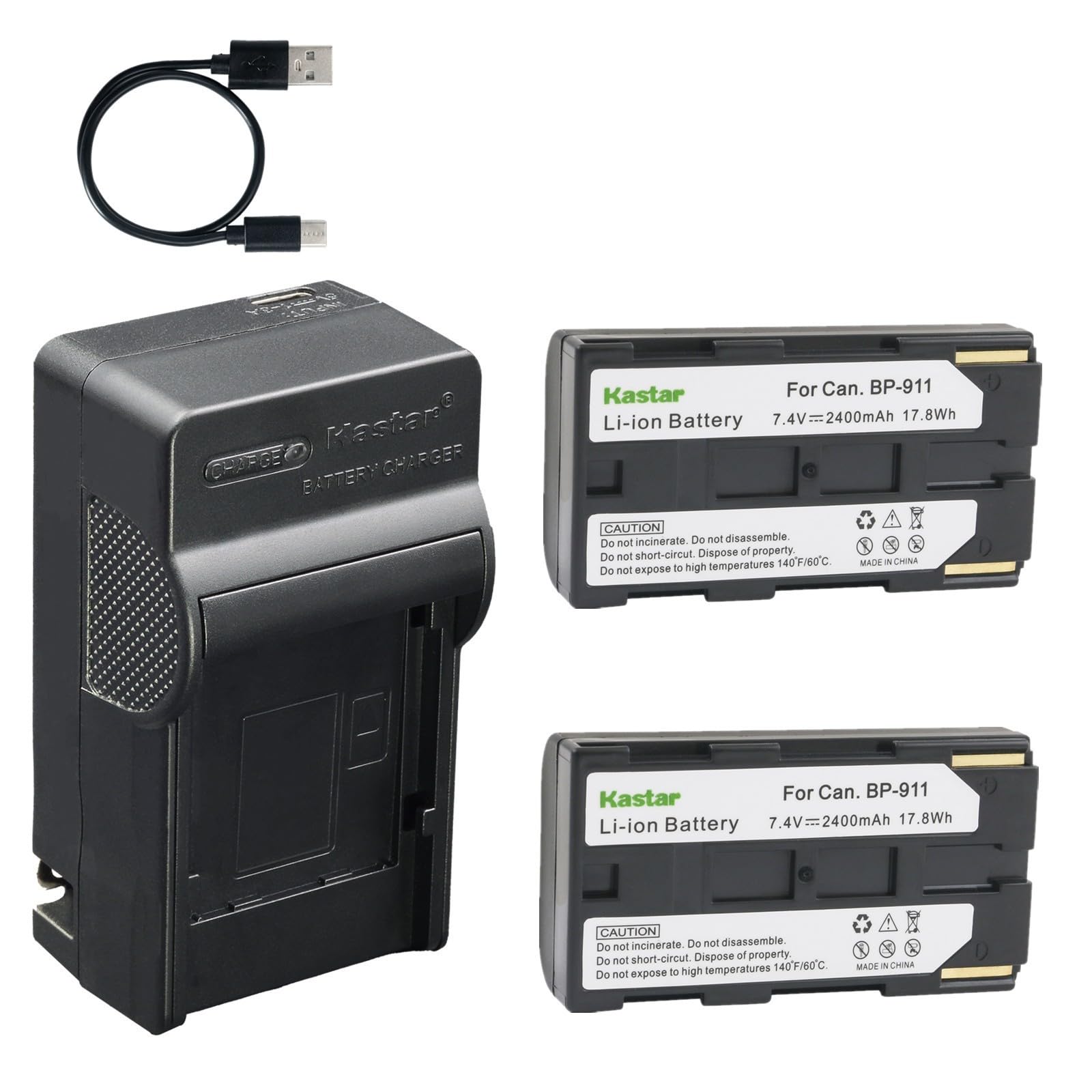 Kastar 2-Pack Battery and AC &amp; USB-C Charger, Compatible with Canon BP-911, XF100 XF105 XF200 XF205 XF300 XF305 XF400 XF405 C100 C300 C500 XH-A1 XH-G1 XL1 XL2 GL1 GL2 XM2 and More Camcorders