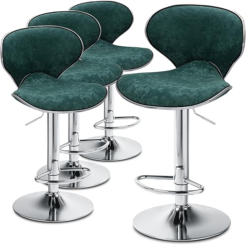 MoNiBloom Juego de 4 taburetes de bar de terciopelo verde, elegantes taburetes de bar de altura de mostrador con función giratoria, base de metal disponible en Yaxa Peru