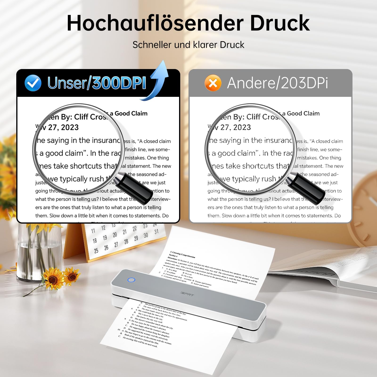 iDPRT tragbarer Thermodrucker, 300DPI Tintenloser Bluetooth-Kleine Mobildrucker Drahtlos für Reisen, Büro, Fahrzeuge, Heimgebrauch, Unterstützung A4 Thermopapier Kompatibel mit iOS, Android, PC, Weiß