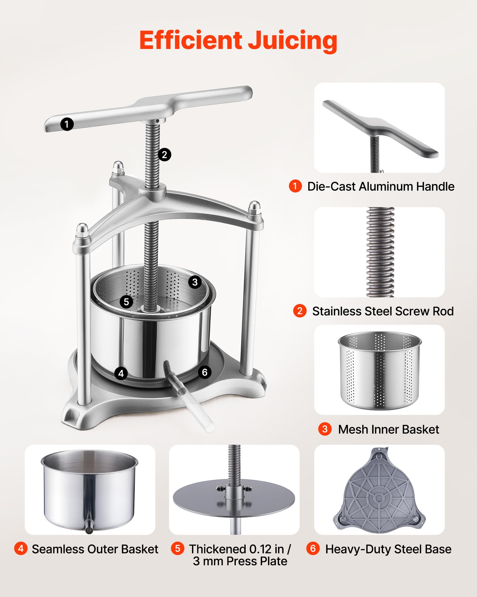 VEVOR Pressa Manuale per Frutti Vino, Premitutto Torchio Manuale Contenitore Interno in Acciaio Inox 3 Litri per Mele Uva Arance Verdure Premitutto con 2 Sacchetti Filtro Manico a Forma di T