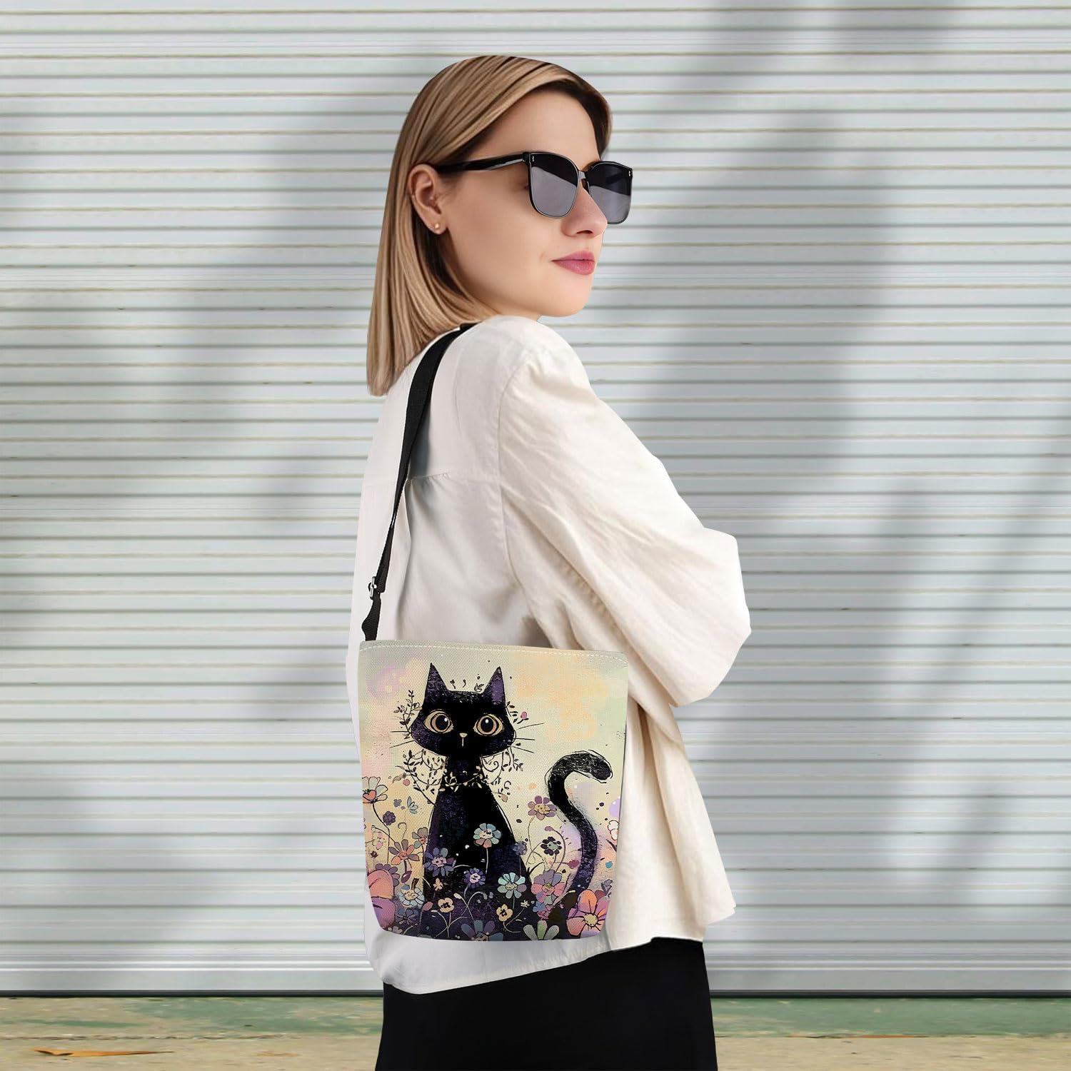 Floral Black Cat Print Canvas Crossbody Bag, Adjustable Strap Lightweight Purse with Top Zipper & Inner Pocket, Daily Shoulder Bag Gift for Women - Image 7