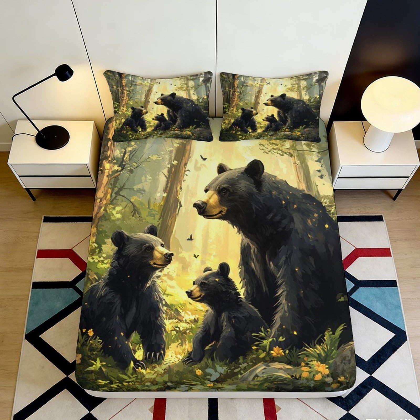 Jqzkxnhpbr Style-9 3D Printed Forest Bear Fitted Sheet Microfiber Soft Breathable Woodland Family Bed Cover For Bedroom Dorm Decor 90X200x25cm