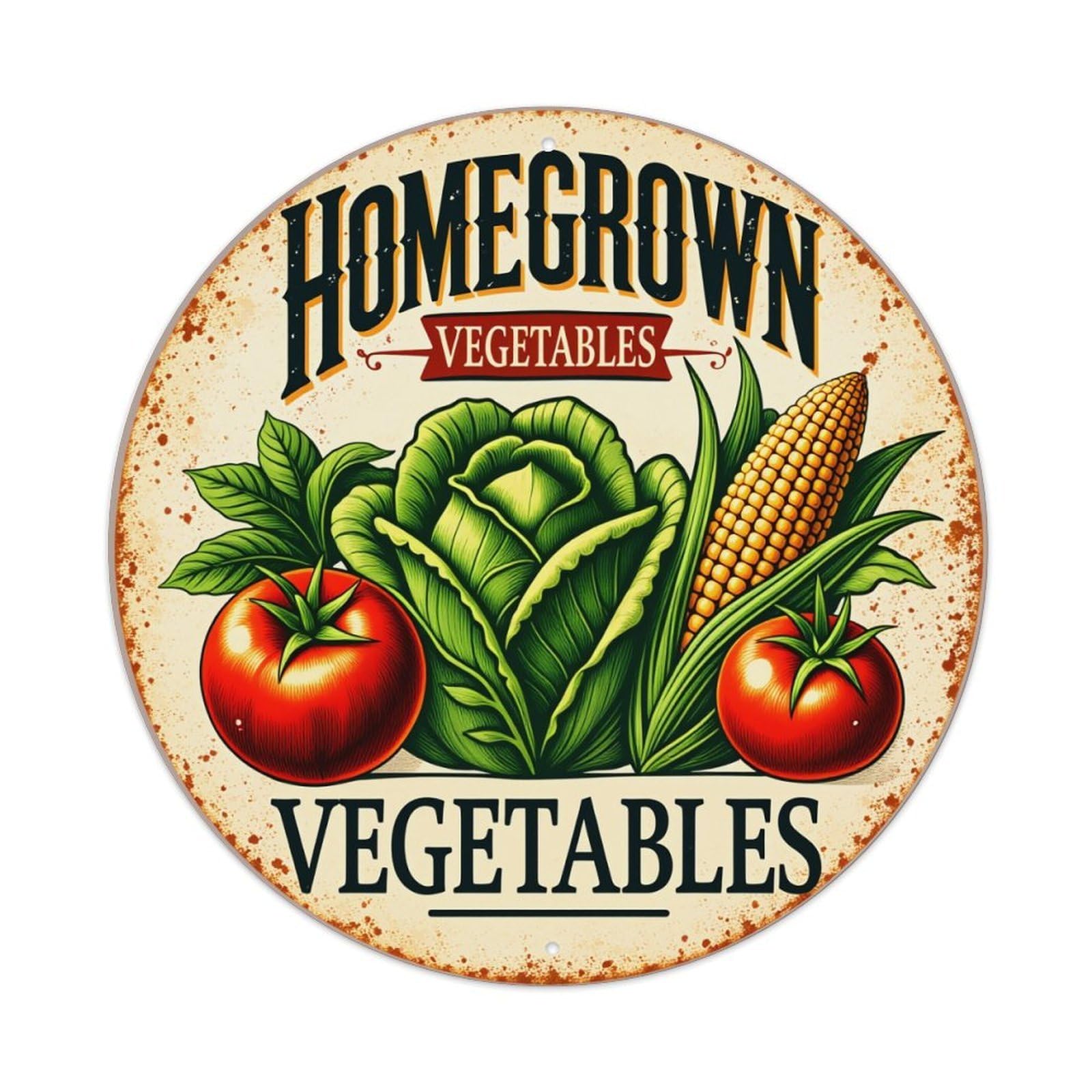 Homegrown Vegetables Fresh Organic Farm Round Tin Sign Vintage Metal Poster, Home Bar Garage Man Cave Cafe Indoor & Outdoor Wall Decoration 8x8Inches