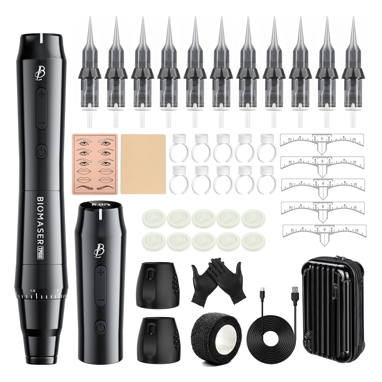 Biomaser Máquina de maquillaje semipermanente inalámbrica Bolígrafo rotatorio con 2 baterías de 1000 mAh Cartuchos de 10 piezas Agujas para principiantes y artistas