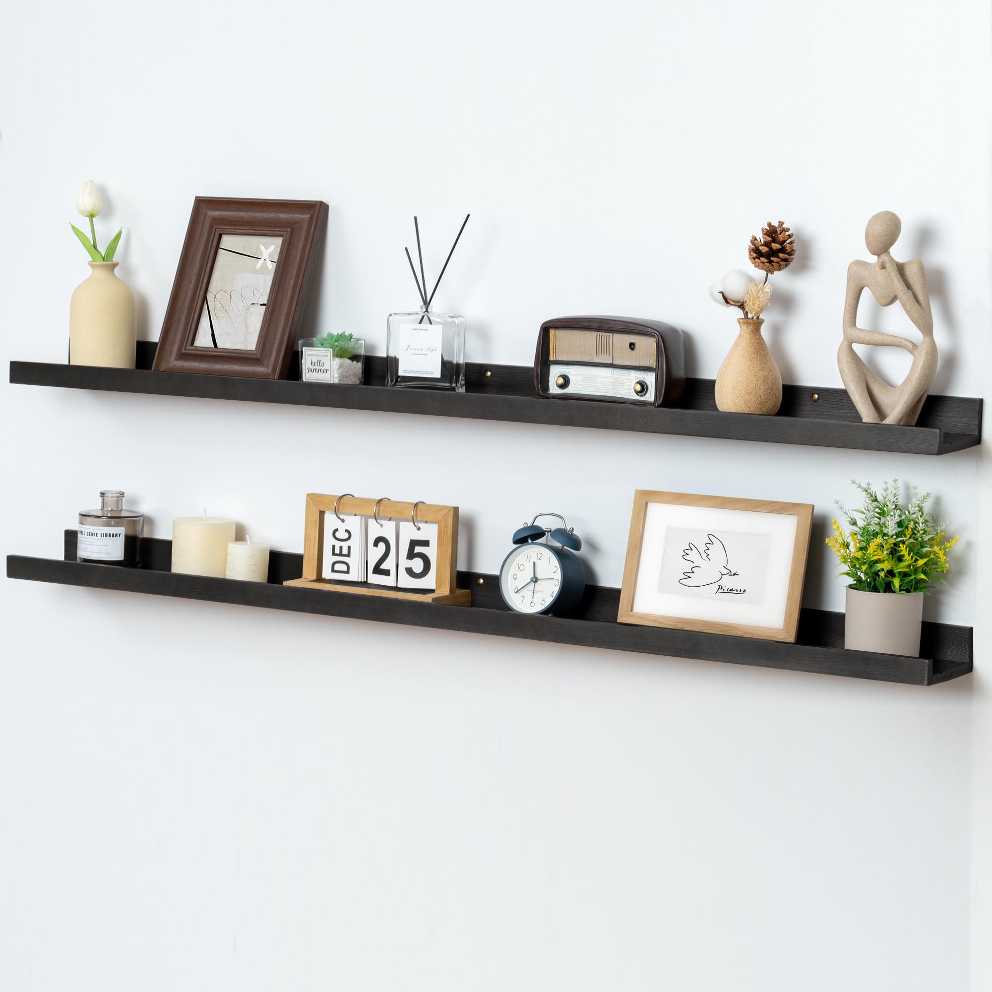 Acovy 120cm Solid Wood Floating Picture LedegWall Shelves with Lip for Storage, Wall Mounted Shelves for Kids' Room Bedroom Kitchen Bathroom Living Room, Black+Wood Grain, 2pcs — image 1