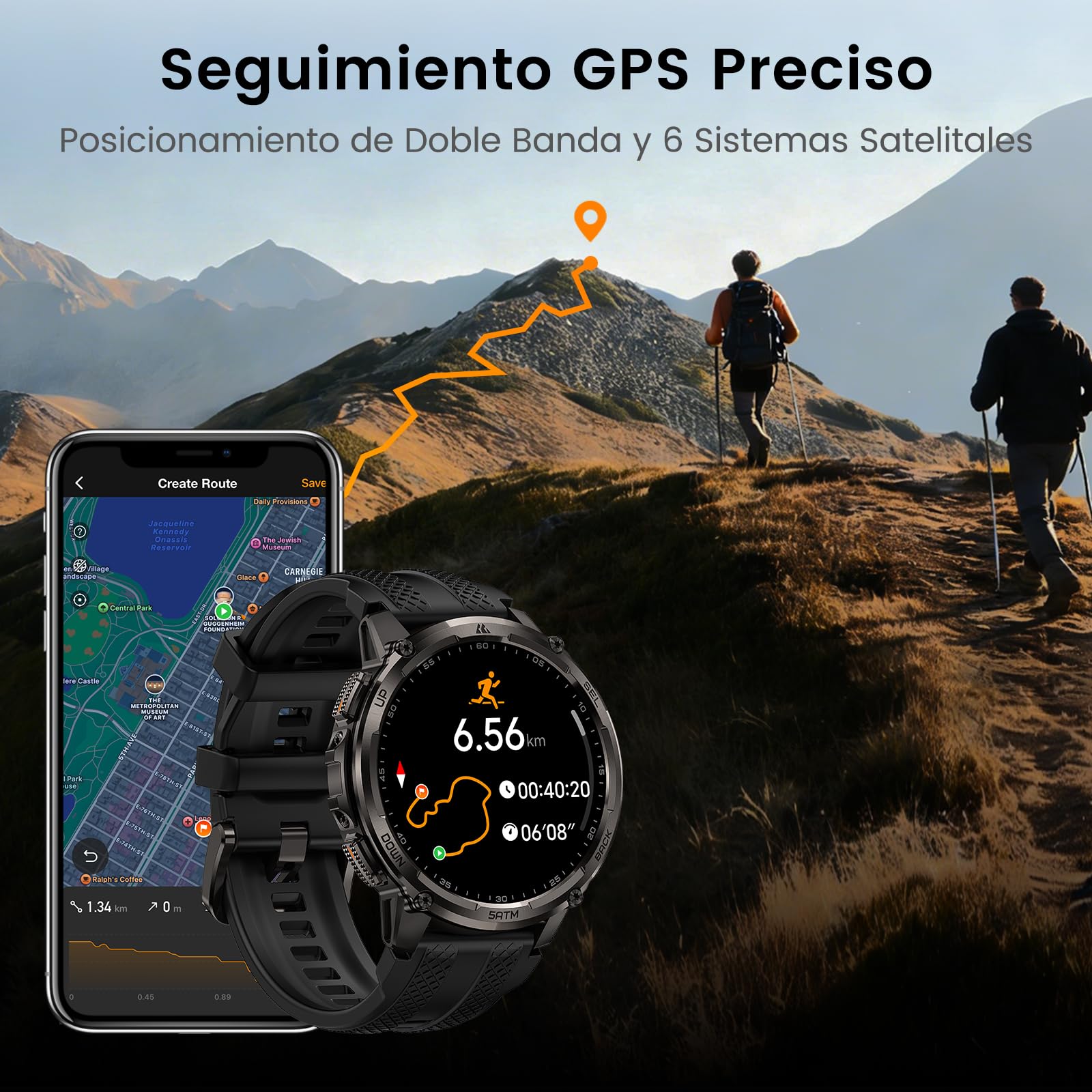 KOSPET Tank T4C Reloj Inteligente Hombre con LED, Pantalla AMOLED 1,5”, GPS Doble Banda y Brújula, Batería 50 Días, Frecuencia Cardíaca y Sueño 24/7, Resistente 50 m, Llamadas