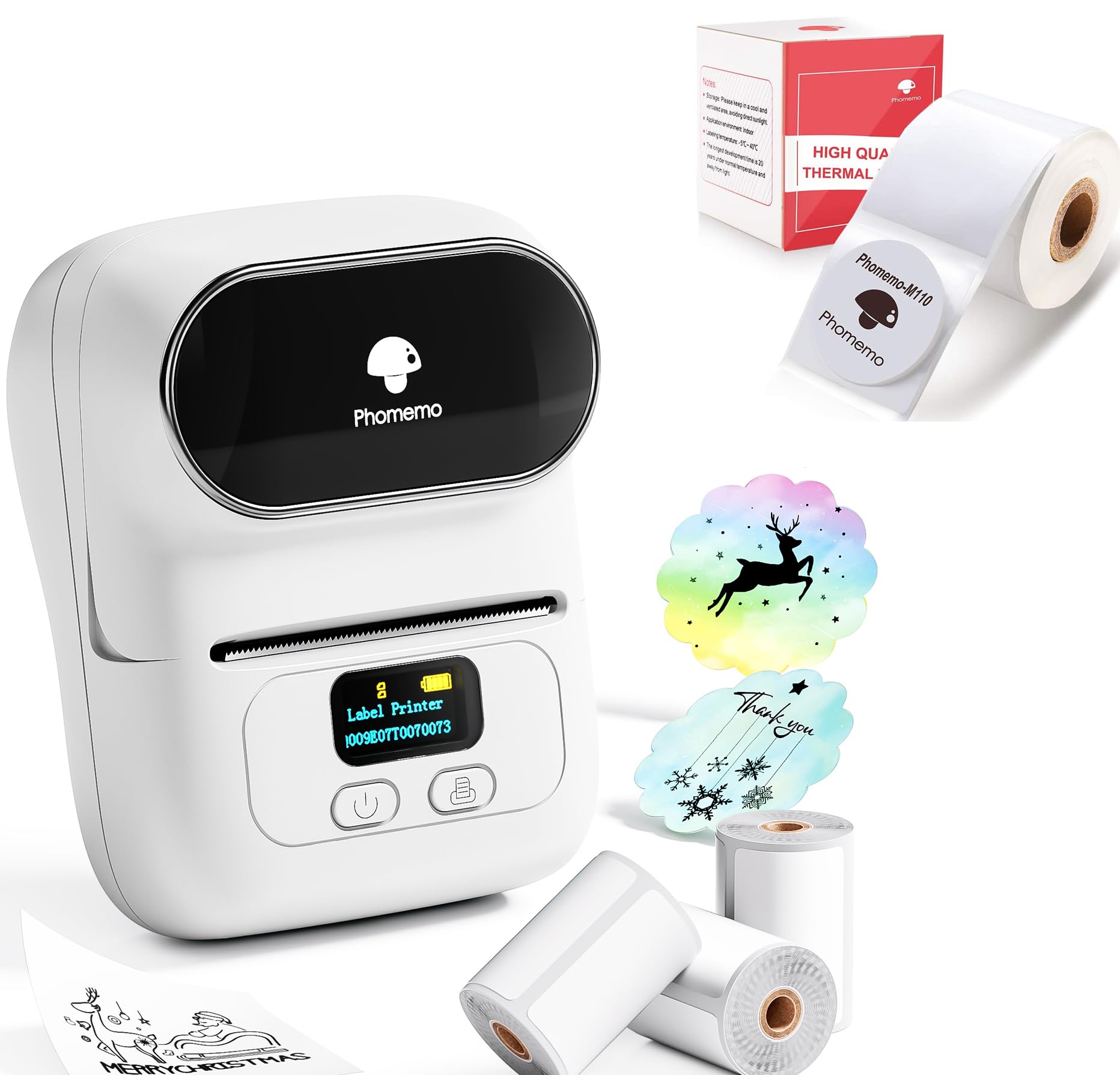 Phomemo M110 Etichettatrice Scatola regalo con 4 rotoli di etichette, stampante termica portatile Bluetooth per etichette adesive, per uso in ufficio, codici a barre, piccole imprese, negozi
