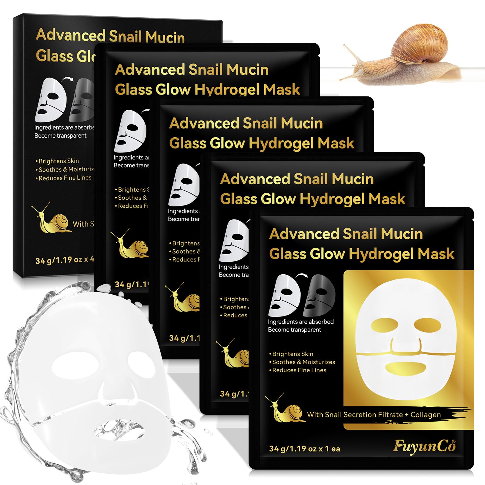 Snail Mucin Glass Glow Mask (4x Pack), Collagen Face Mask with Snail Mucin Serum