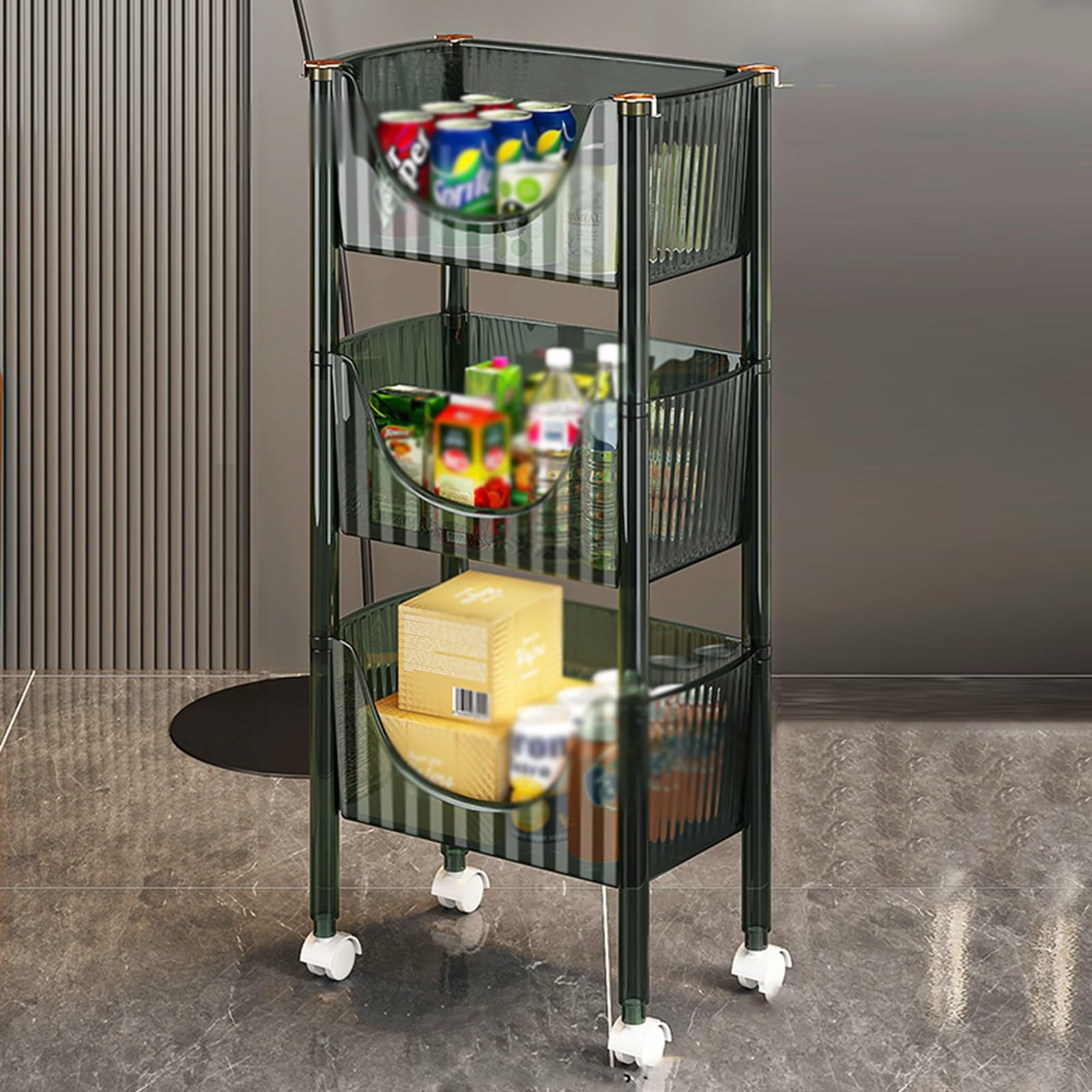 Scaffale per snack Scaffale mobile for frutta/verdura a 2 3 4 livelli, carrello for snack trasparente a U da pavimento for dispensa cucina camera da letto, carrello della spesa girevole con ruote e ga