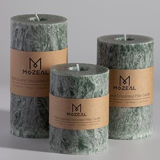 MOZEAL Hand-Poured, Unscented Green Crystal Pillar Decorative Candles, Elegant Set of 3 in Different Sizes (3"x4", 3"x5", 3"x6"), Luxurious Décor for Christmas Homes & Events