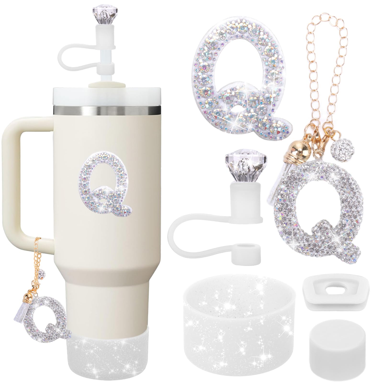 Mity rain Accessories Set for Stanley Cup, Initials Decorations for Tumbler Cup 30/40OZ, Including Diamond Straw Topper/Spill Proof Stopper/Sparkly Silicone Boot Set/Letter Charms for Handle A-Z (Q)