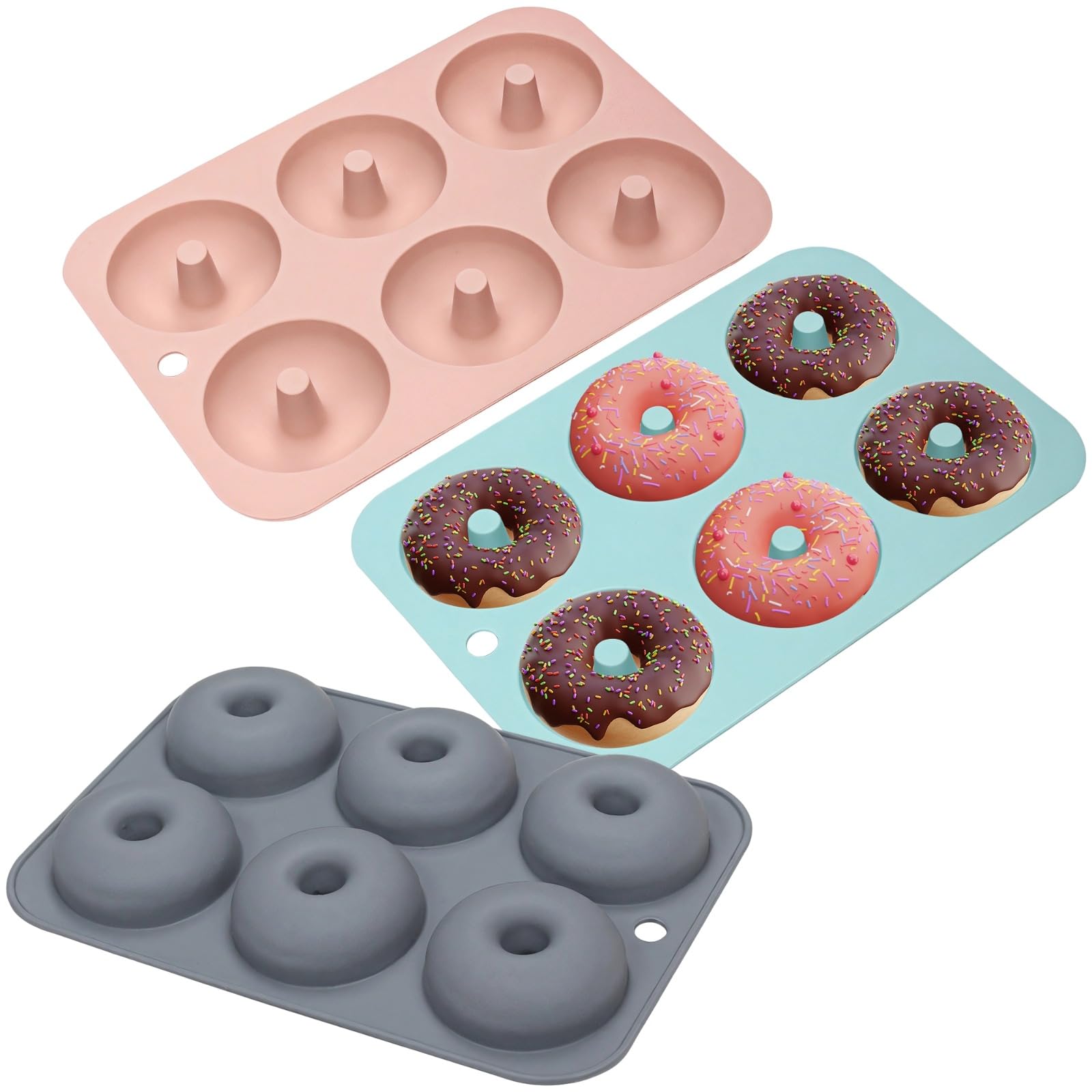 Silikon Backformen für Donuts, 3er Set Donut Backformen, Pink, Blau, Grau, 6 Mulden Design, Bagel Formen für selbstgemachte Backwaren