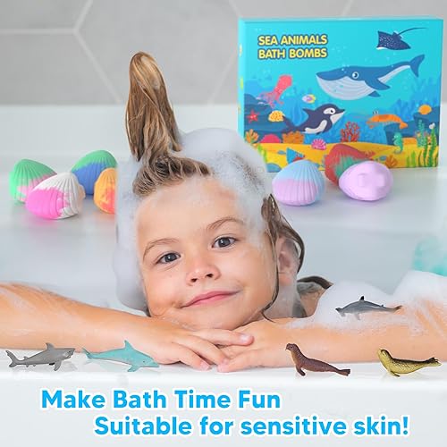 Miniatura 4 de Bombas de baño para niños con juguetes sorpresa en el interior, paquete de 12 bombas de baño orgánicas para niños con animales marinos del océano