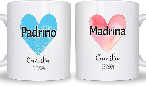 Heulinwen Juego personalizado de Bautizo Recuerdos Juego De 2 Tazas 2024, Padrinos De Bautizo Propuesta Set 2 Tazas Café 11Oz, Para Niño, Niña,