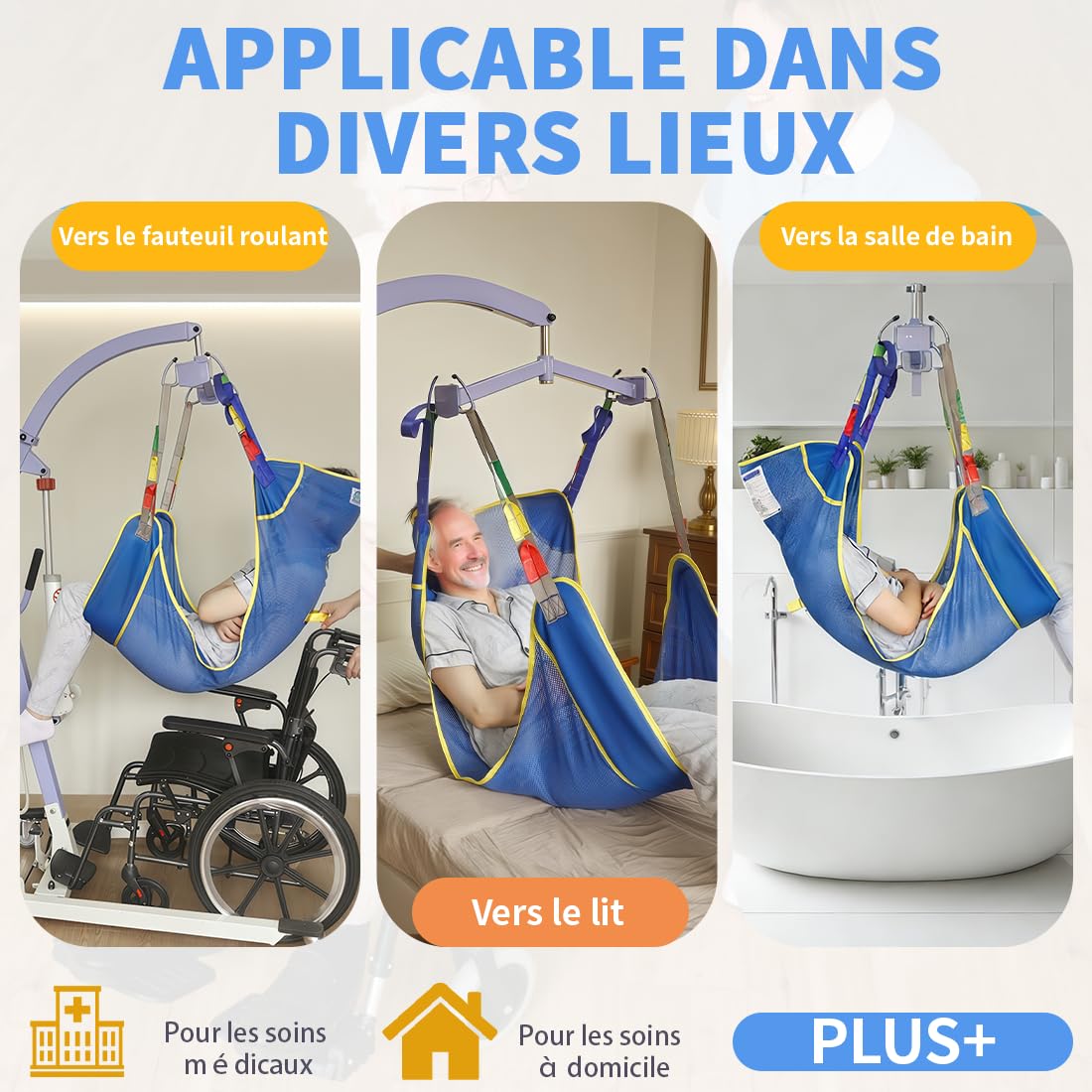 Sangle de Levage Universelle pour Patient, Sangle de Levage Médical pour Positionnement au Lit/Bain/Transfert pour Personnes Âgées, Handicapées, Patients Alités (Bleu, Taille Moyenne)