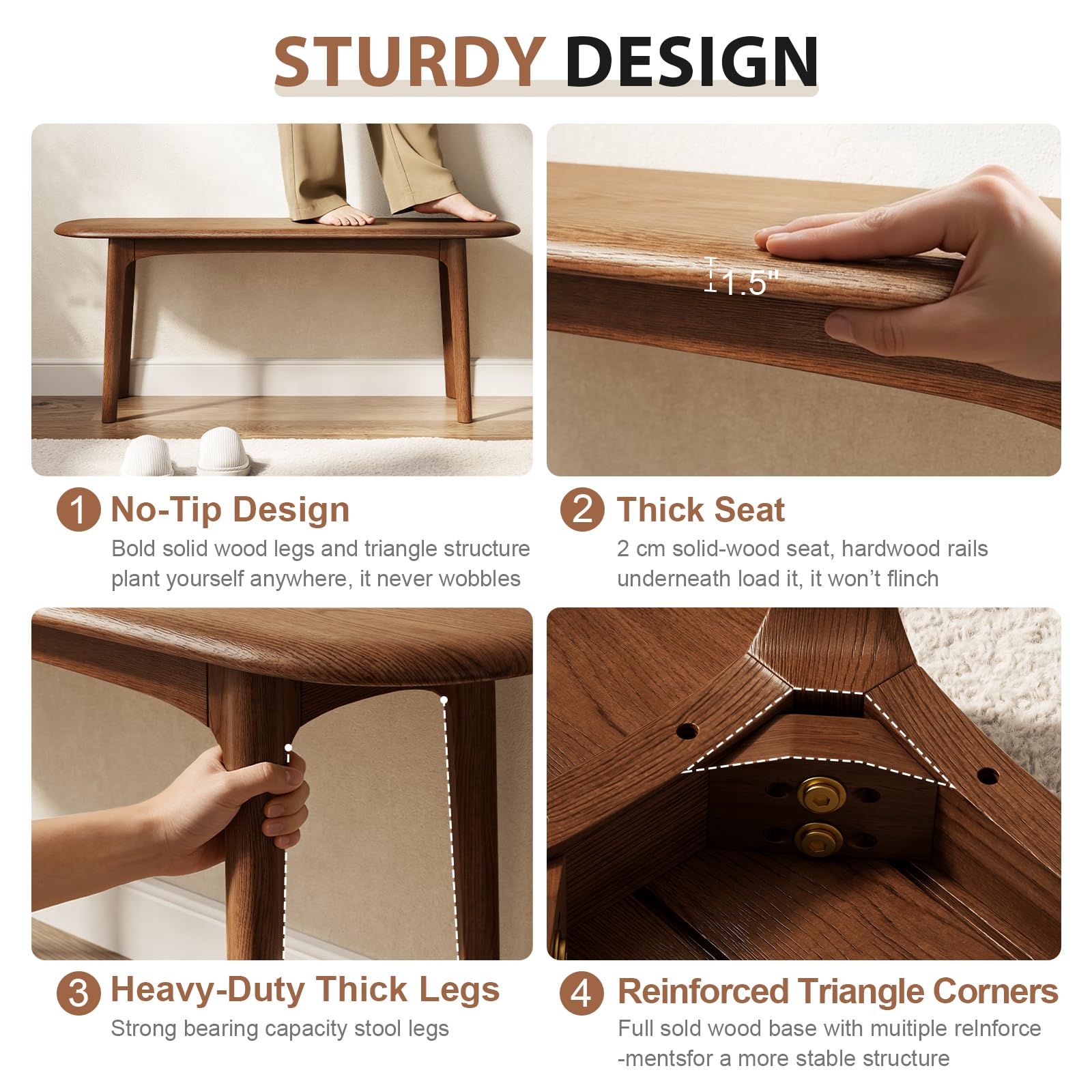 DONGMUWUEJEE 100% Solid Wood Dining Bench, Dining Table Bench for End of Bed with Rounded Corners, Entryway Benches for Outdoor, Bedroom and Plant Stand (Walnut, 39.4" D x 11.8" W x 19.7" H)