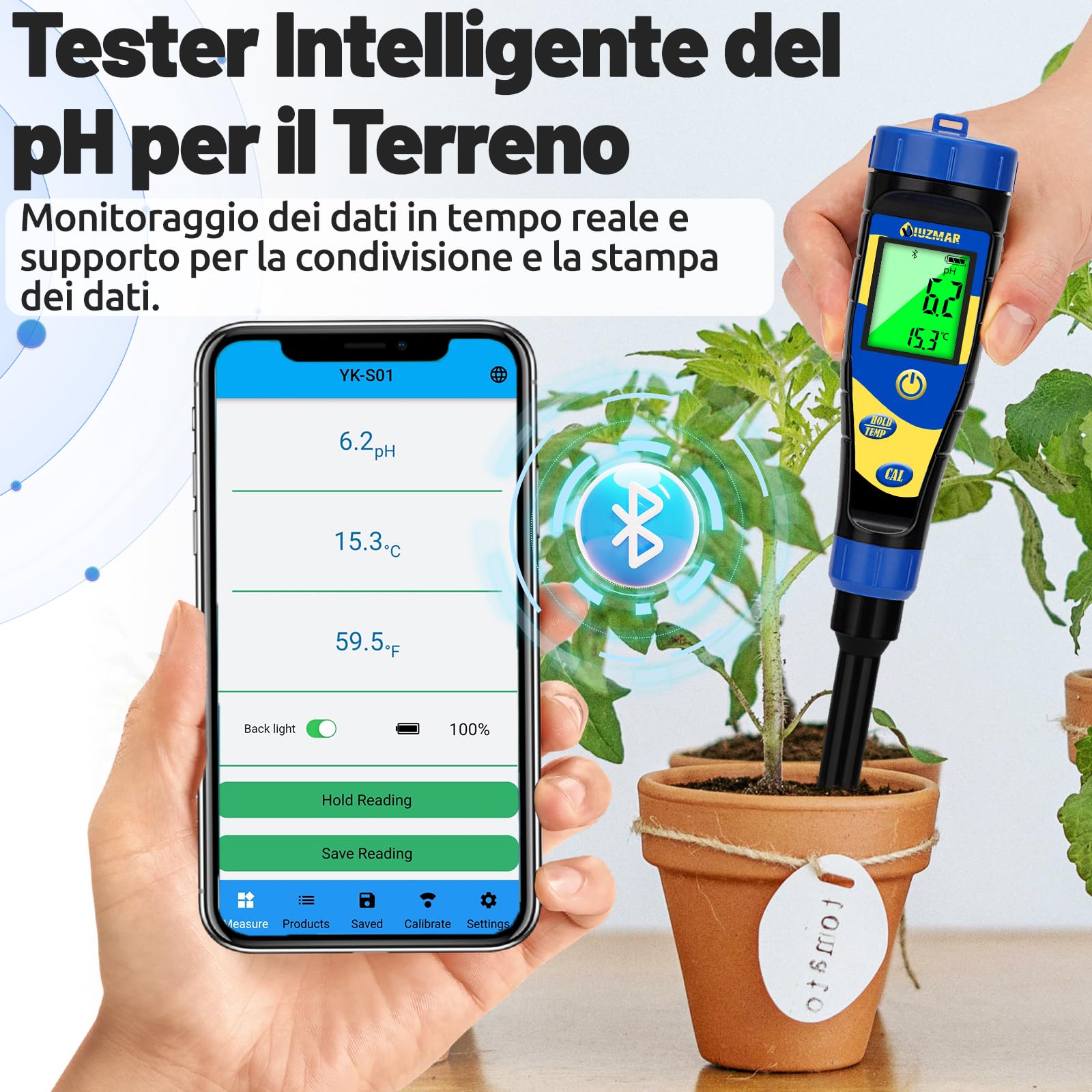 UIUZMAR Misuratore del pH del Terreno, Misuratore Digitale pH Suolo Pianta | Prato da Giardino Kit di Tester pH Terreno per Erba, Serra, Agricoltura, Tester del pH del Terreno per Acqua, Alimenti