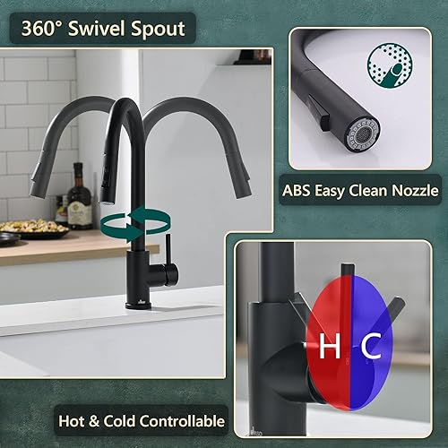 Miniatura 5 de APPASO Grifo de cocina con negro mate extraíble, un solo mango de arco alto cuello de cisne moderno grifo de fregadero de cocina con placa de