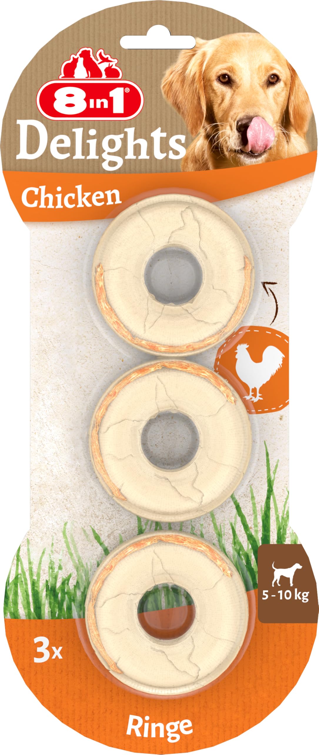 8in1 Delights Chicken Rings - gesunder Kausnack für Hunde, hochwertiges Hähnchenfleisch eingewickelt in Rinderhaut, 3 Stück