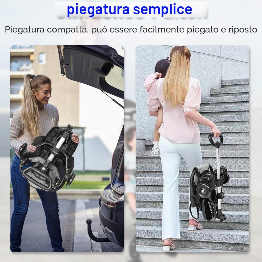 Homewell Passeggino leggero, passeggino portatile, pieghevole, adatto da 6 mesi a 4 anni, con parasole nero, può essere portato a bordo, nero+grigio (nero)