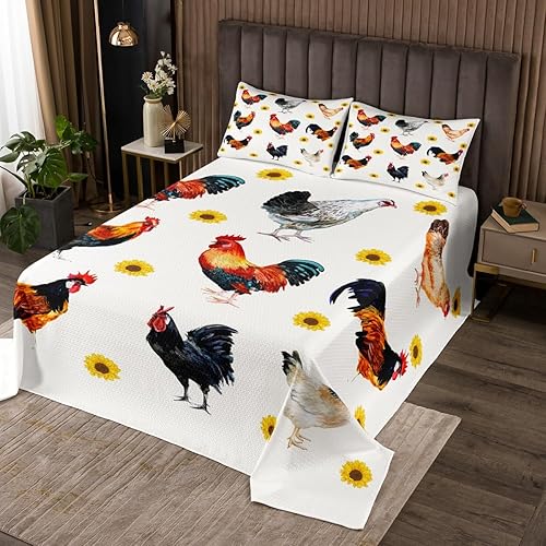 Erosebridal Juego de edredón de pollos tamaño individual, juego de colcha de girasol para niños y niñas, juego de colcha rústica de animales de