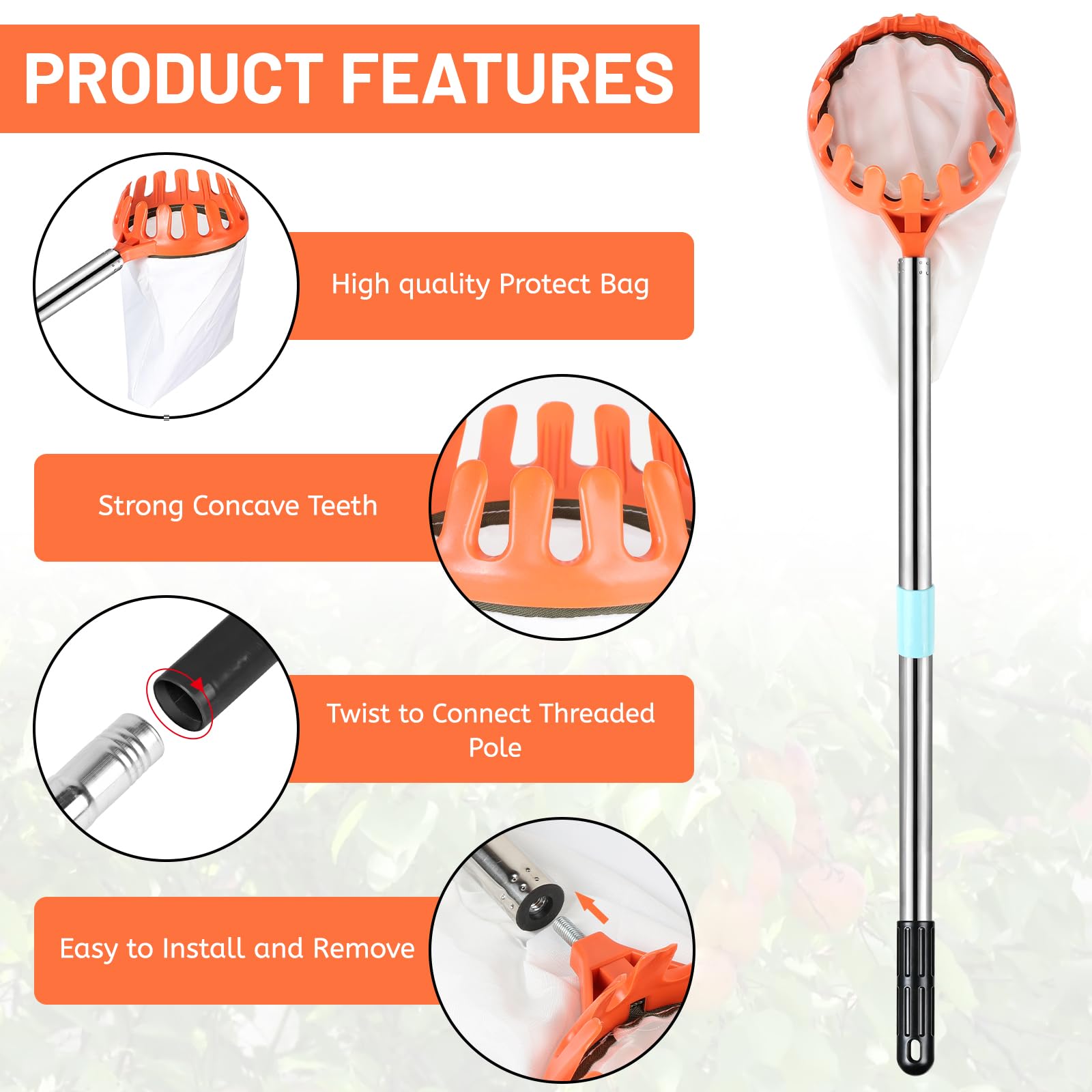 DBREAKS Raccogli Frutta, 4,2M Raccogli Mele con Manico Telescopico, Palo Leggero Raccogli Frutta, Cestino con Sacchetto di Cotone, Prugne, Raccoglitore di Ciliegie