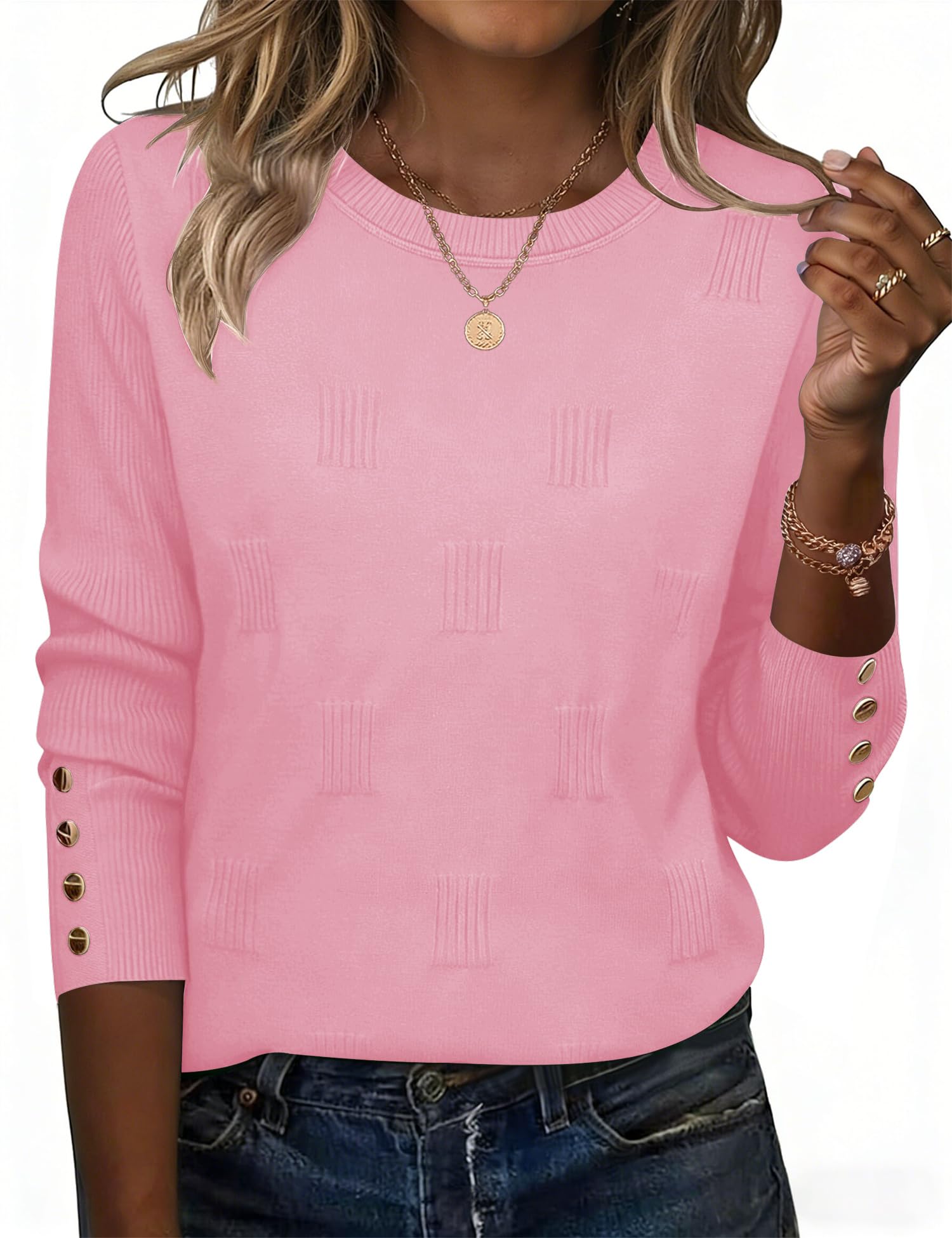 Rapbin Pullover Damen Langarmshirt Rundhals-Knöpfe Langarm Oberteile Weich Herbst Mode Lässig Einfarbig Bluse Rosa