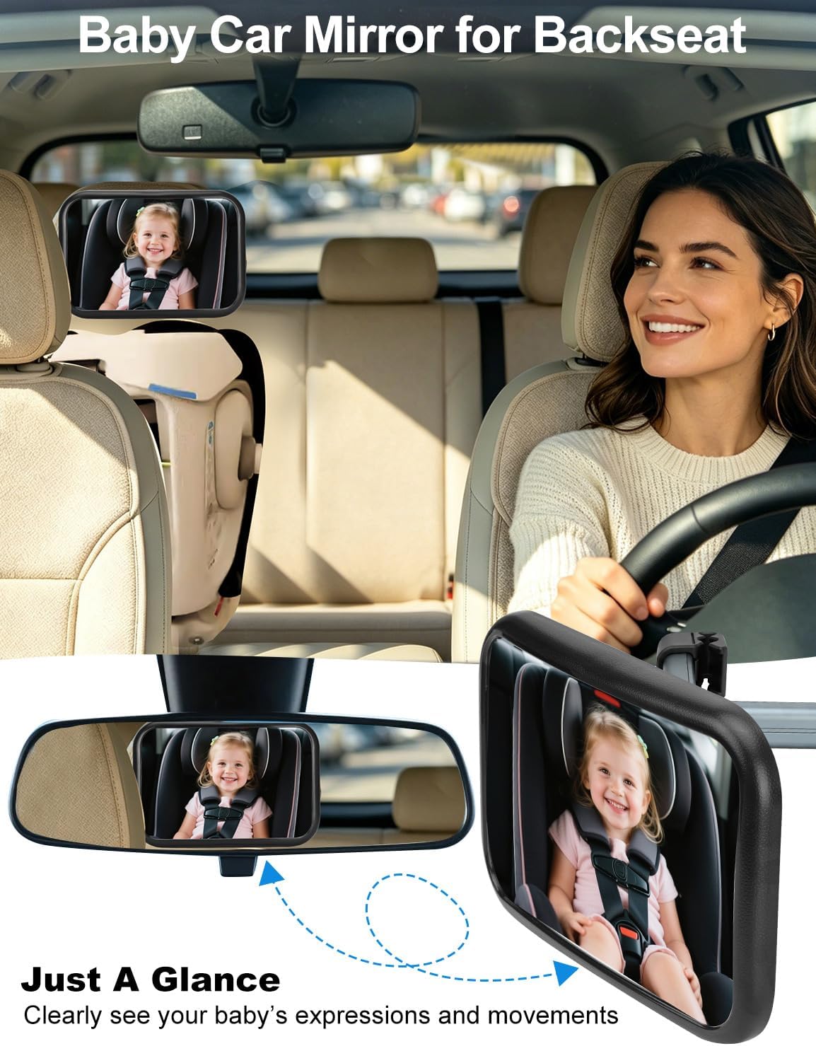 Baby Car Mirror, Hook Clip Car Back Seat Mirror for Baby Rear Facing, Clear Wide View Stable Safety Shatterproof 360° Rotation, Easily Observe the Baby