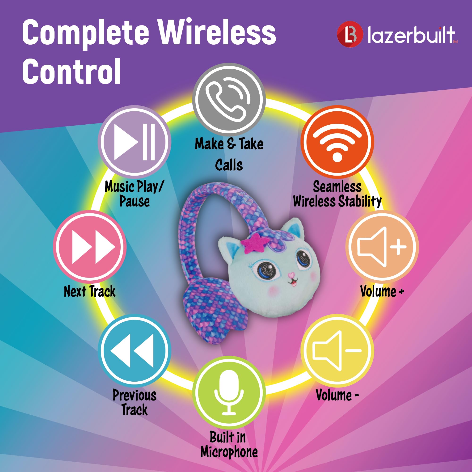 Gabby's - Cuffie Bluetooth per casa delle bambole con portata di 10 metri, controllo del volume, morbidi cuscinetti auricolari in peluche con archetto regolabile, pulsanti Play/Pausa/Volume/Skip e 200