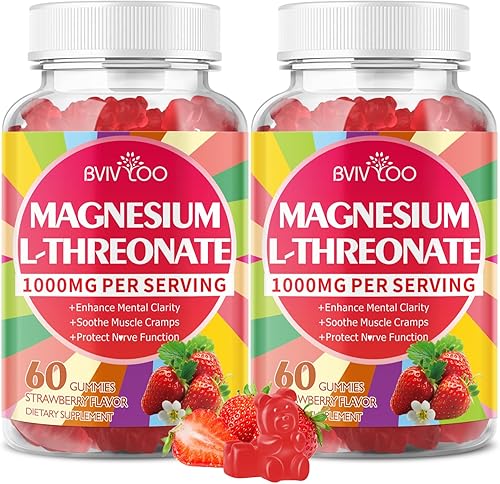 Gomitas de magnesio L-treonato de 1000 mg para niños y adultos, apoyo muscular y sistema nervioso, vegano, sabor fresa sin azúcar, 120 gomitas