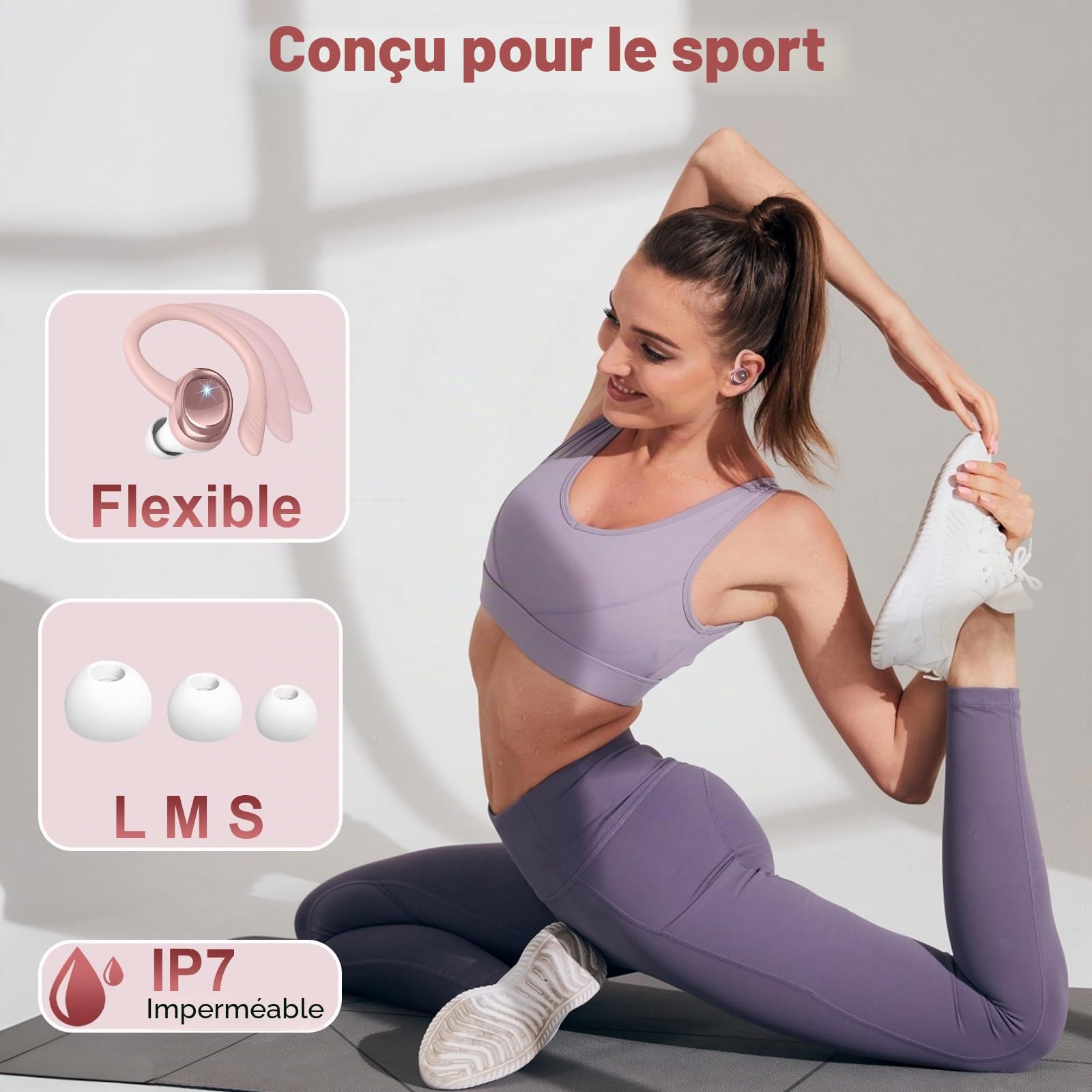 Ecouteurs Bluetooth sans Fil Sport, 2026 Écouteur Bluetooth 5.4 avec 4 ENC Mic, 60+Hrs Ecouteurs sans Fil HiFi Stéréo, IP7 Étanche Oreillette Bluetooth Running, USB-C Charge Rapide, Écran LED Casque