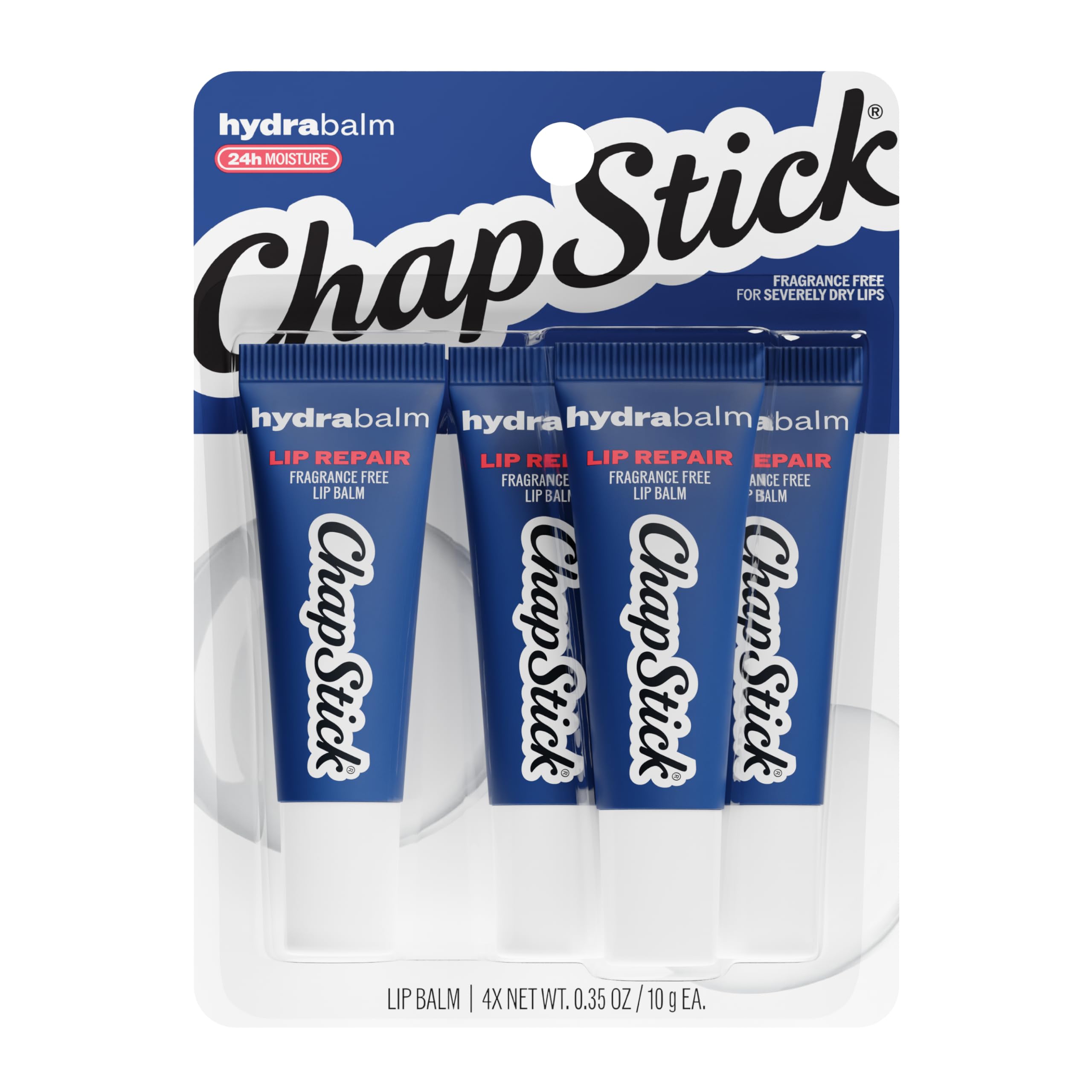ChapStick HydraBalm Fragrance Free Lip Balm Tubes, 24 Hour Moisture, 4-Pack | 0.35 oz each, Ultra Hydrating Formula Made with Vitamin E & Shea Butter for Severely Dry Lips to Relieve Discomfort